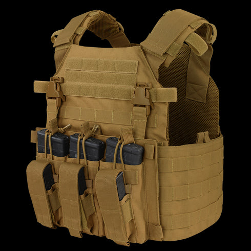 The Condor Vanquish Plate Carrier - Scorpion OCP features adjustable shoulder straps, MOLLE webbing for gear attachment, and front pouches for four rifle magazines—ideal tactical vest for military or first responder use.